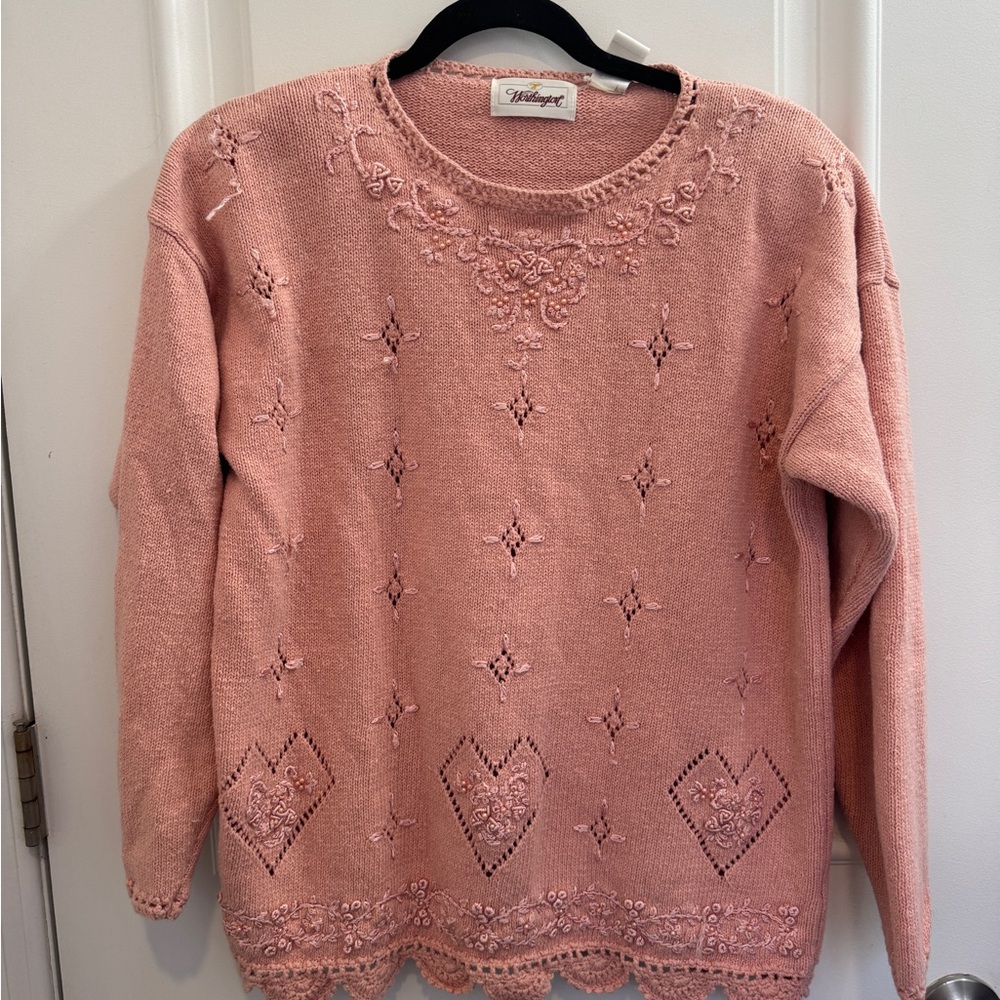 Pink Vintage Worthington Sweater with Embroidered Details